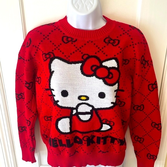 NWT Sanrio Hello Kitty Sweater Pullover XS Long Sleeve Red Bows Retro 70's 80's - Picture 1 of 17
